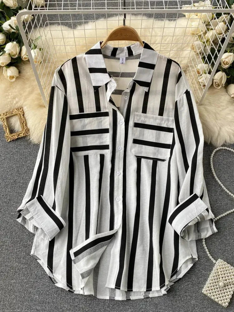 Fashion Woman Blouse 2023 Medium Length Vertical Stripe Shirt Jacket for Women's Korean Casual Loose Fitting Elegant Top  Amaijoin