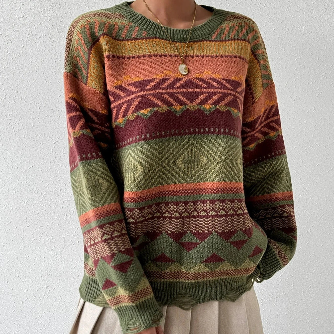 Tribal Pattern Crew Neck Pullover Sweater  Casual Ripped Long Sleeve Sweater  Women's Clothing  Amaijoin