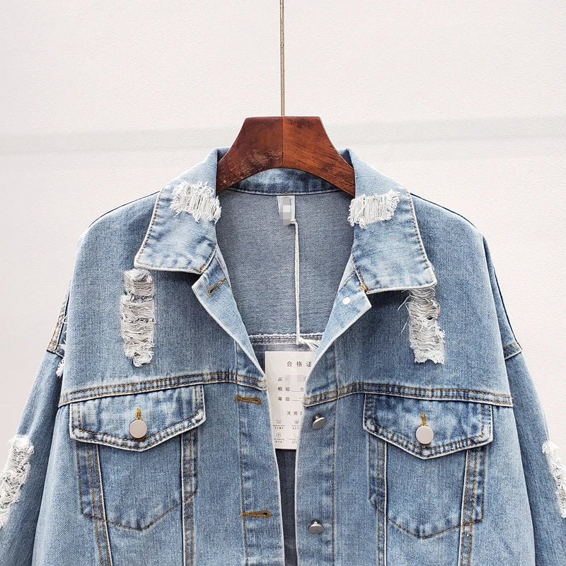 Streetwear Style Print Women's Denim Jacket Coat Diamonds Hole BF Jeans Outwear Female Spring Autumn Casual Loose Cowboy Outwear  Amaijoin