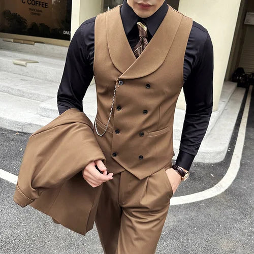 High Quality Autumn Double Breasted Suit Vest Men Business Formal Sleeveless Vest Slim Fit Wedding Groom Banquet Party Waistcoat  Amaijoin