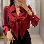 Load image into Gallery viewer, Bow Chiffon Shirt Women Elegant V Neck White Blouse Korean Style Loose Premium Blusas Ladies Solid Base Tops Casual Blusa Mujer  Amaijoin
