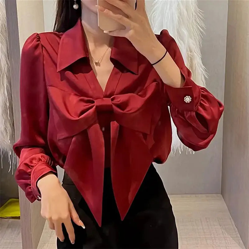 Bow Chiffon Shirt Women Elegant V Neck White Blouse Korean Style Loose Premium Blusas Ladies Solid Base Tops Casual Blusa Mujer  Amaijoin