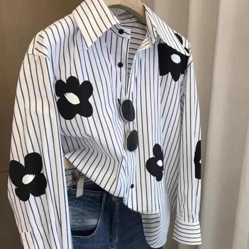 Fashion Long Sleeve Women's Clothing Patchwork Floral Ladies Tops 2024 New Sweet Buttons Shirts Striped Printing Trend Blouses  Amaijoin