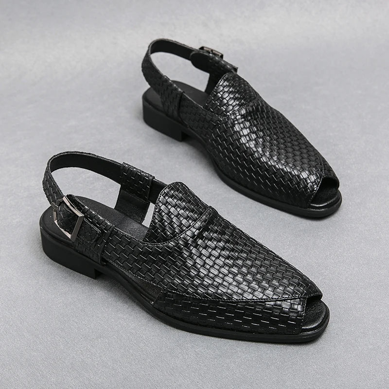 Black Sandals for Men Brown Woven Buckle Strap Men Shoes Leisure Vacation Beach Shoes Size 38-46 Luxury Breathable Garden Shoes  Amaijoin