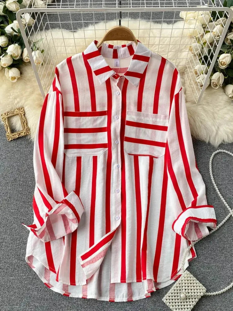 Fashion Woman Blouse 2023 Medium Length Vertical Stripe Shirt Jacket for Women's Korean Casual Loose Fitting Elegant Top  Amaijoin