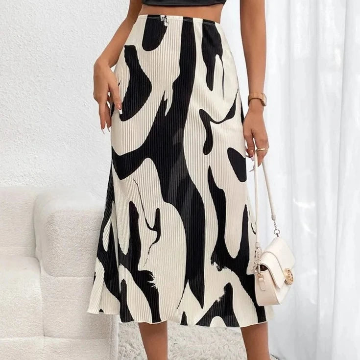 Dressy Casual Graphic Print Pleated Long Skirts Women Autumn Fashion Elastic High Waist Geometry Midi Skirt Streetwear 2023  Amaijoin