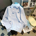 Carregue a imagem no visualizador da Galeria, DUOJIHUI Blue Fashion Butterfly Embroidery Sweet Women Shirt Spring Loose Simple Single Breasted Casual Solid Color Female Shirt  Amaijoin
