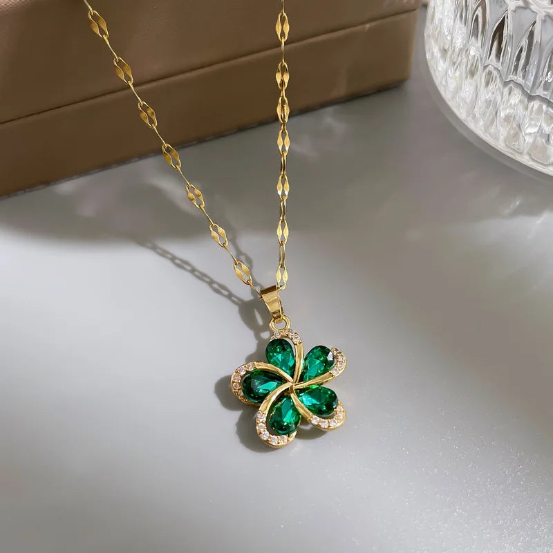 DIEYURO 316L Stainless Steel Green Zircon Flowers Pendant Necklace For Women New Luxury Girls Lucky Chain Birthday Jewelry Gifts  Amaijoin