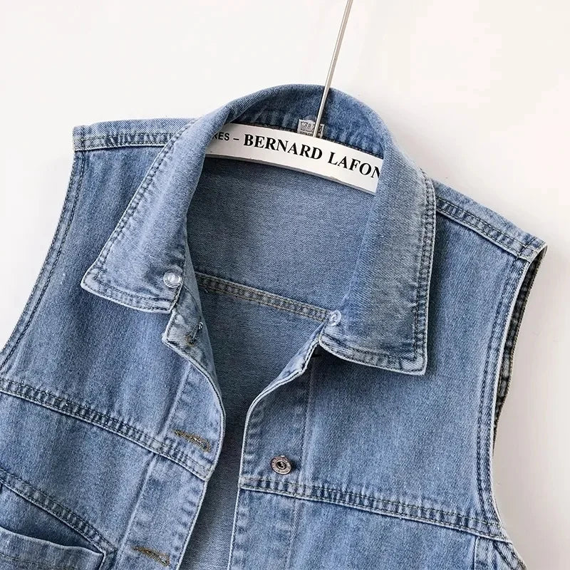 Short Hooded Denim Vest Jackets Women Spring Autumn Pocket Jean Waistcoat Sleeveless Tank Schoolgirl Outerwear Casual Tops Vest  Amaijoin