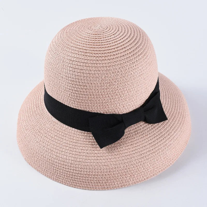 Hepburn bow ribbon sun hat women's straw hat Bucket hat color sunscreen sun hat beach hat wholesale  Amaijoin