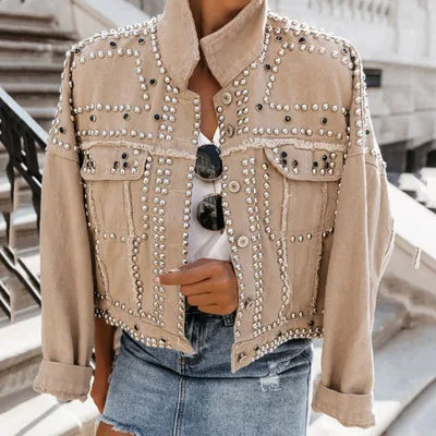 Women Turn-down Collar Washed Denim Jackets Single Breasted Vintage Full Sleeve Rivet Locomotive Streetwear Gothic Jacket Spring  Amaijoin