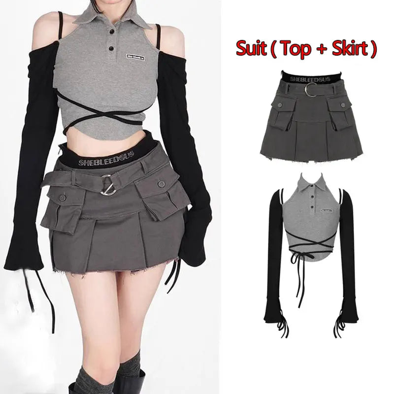 Gothic Skirt Set Polo Neck Waist Strap Off Shoulder Long Sleeve T-Shirt Pleated Denim Skirt 2 Piece Sets Women Outfits Y2k Suit  Amaijoin