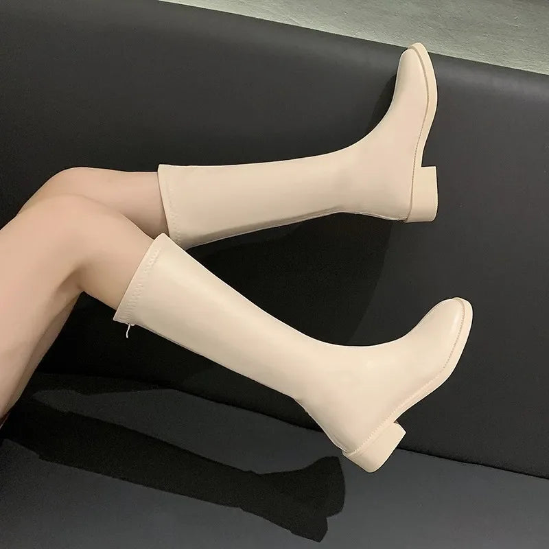 Riding Boots Women Shoes Real Leather Mid Heel Knee-High Boots Square Toe Block Heels Zip Long Boots Autumn Winter 40  Amaijoin