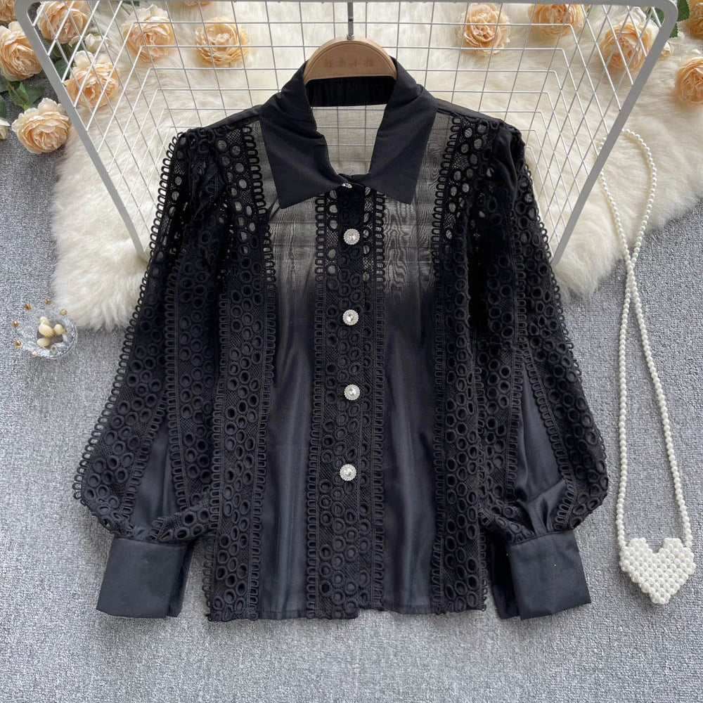 Women's Korean Style Loose Lace Hollow Shirt Top Polo Collar Single Breasted Long Sleeve Shirt 2024 Spring/Summer Sweet Clothing  Amaijoin