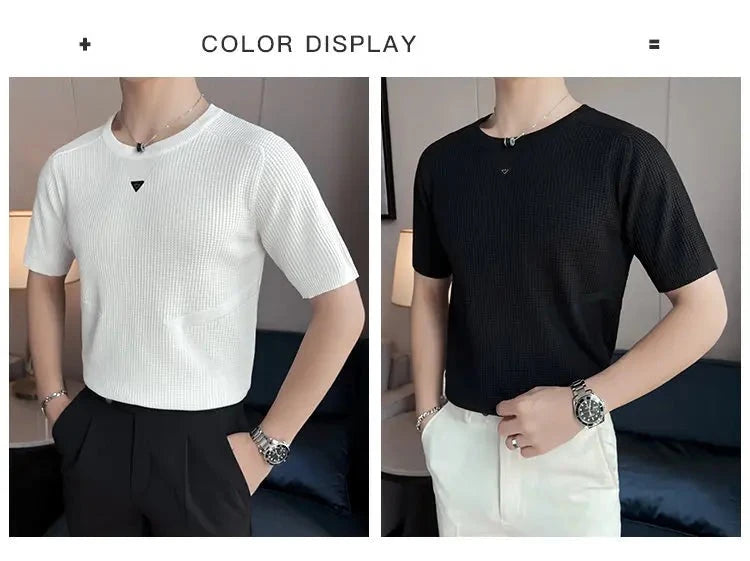 Trend Simple Solid Round Neck Knitted T-shirt Short Sleeve Versatile Casual T-shirt Business Social Tee Bottoming Shirt M-4XL  Amaijoin