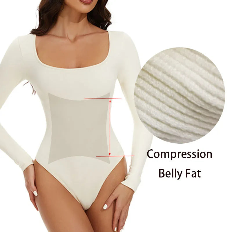 GUUDIA Spandex Elastic Body Suit Shapewear Women Body Shaper Tummy Control Long Sleeve Open Crotch Big U Neck Seamless Shapers  Amaijoin