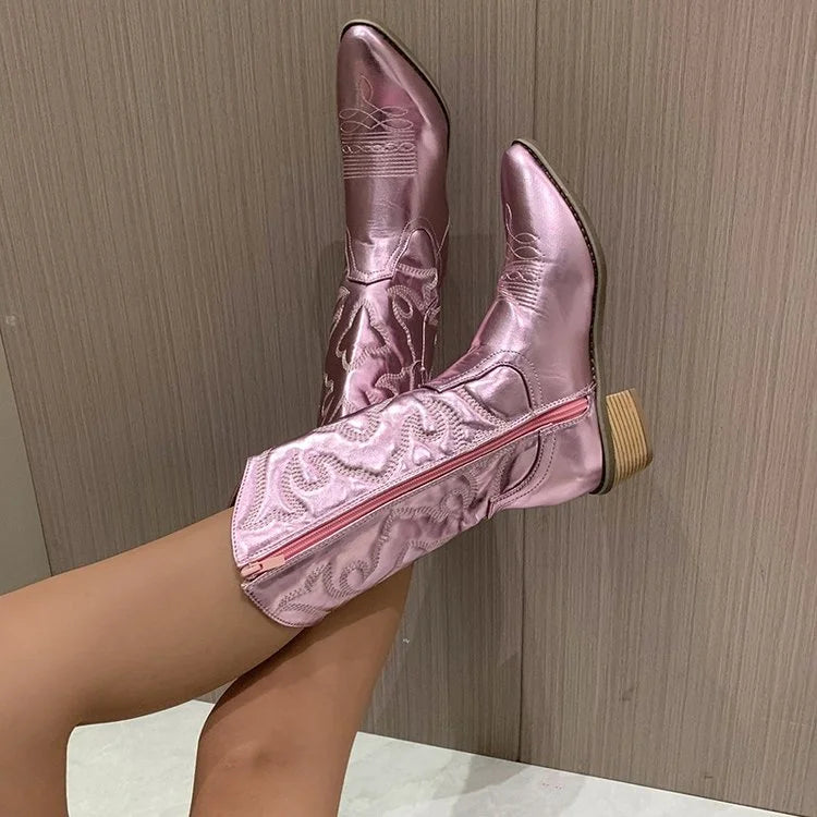 Gold Mid-calf Boots Woman Side Zipper Silver Pointed Western Cowboy Boots Retro Fashion Black Boots Plus Size 36-43 Women Boots  Amaijoin