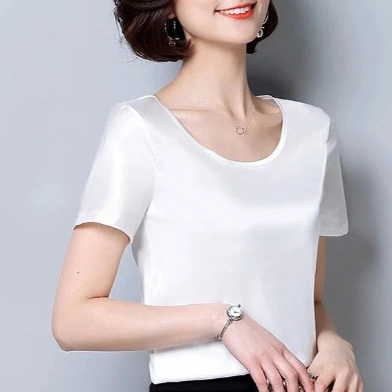 New outer wear silk round neck sling top satin short-sleeved stretch T-shirt large size bottoming shirt women  Amaijoin