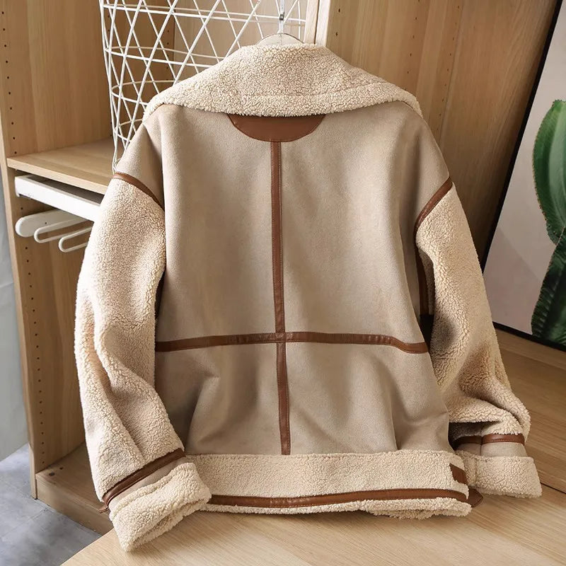 RARF 2024 Autumn Winter Women Warm Faux Fur Fleece Coat Jacket Female Loose Patchwork Thickened Locomotive Lapel Chic Outwear  Amaijoin