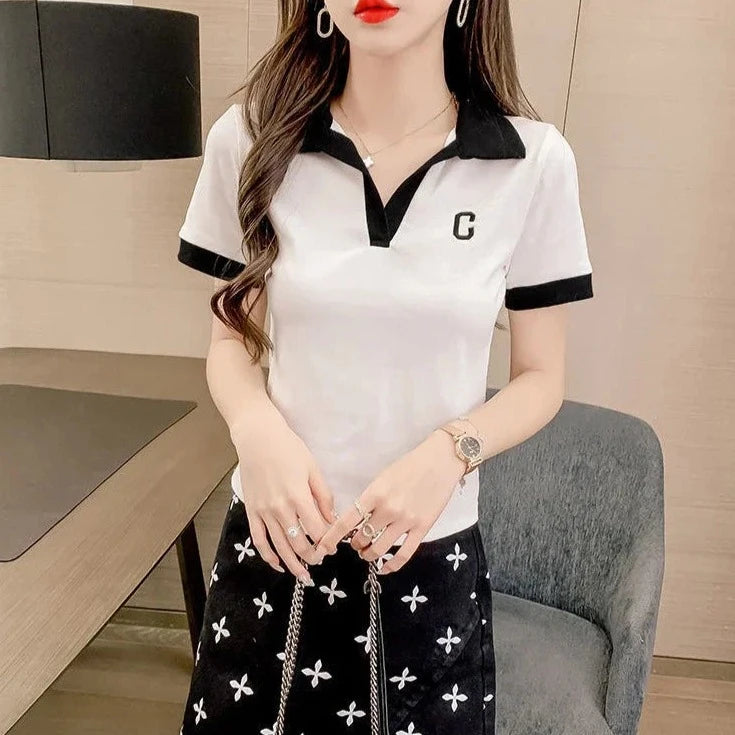 White Short Sleeve Tee Black Women's T Shirts Crop Top Clothes Polo Neck Shirt New Luxury V Aesthetic Sale Y2k Fashion Trend  Amaijoin