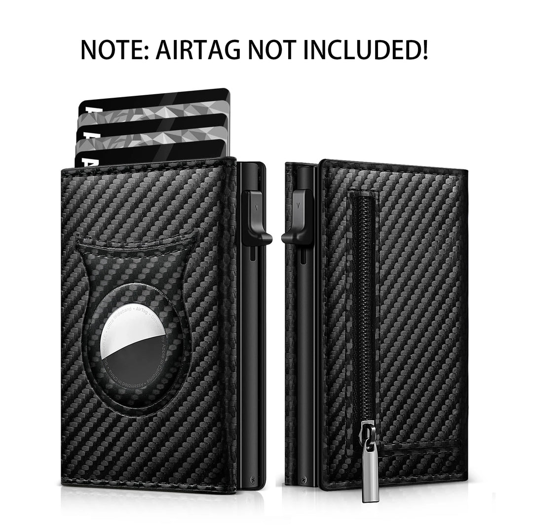 Men's Carbon Fiber Magnetic Card Holder PU Leather RFID Three-fold Automatic Card Holder With Zipper Coin Purse AirTag Wallet  Amaijoin