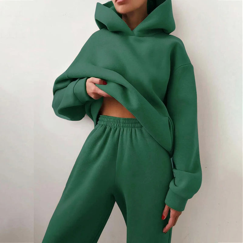 Winter Women Fleeced Tracksuits Casual Hoodie and Sweatpants Suit Fashion Two Pieces Set Hooded Sweatshirt Sport Jogger Outfits  Amaijoin