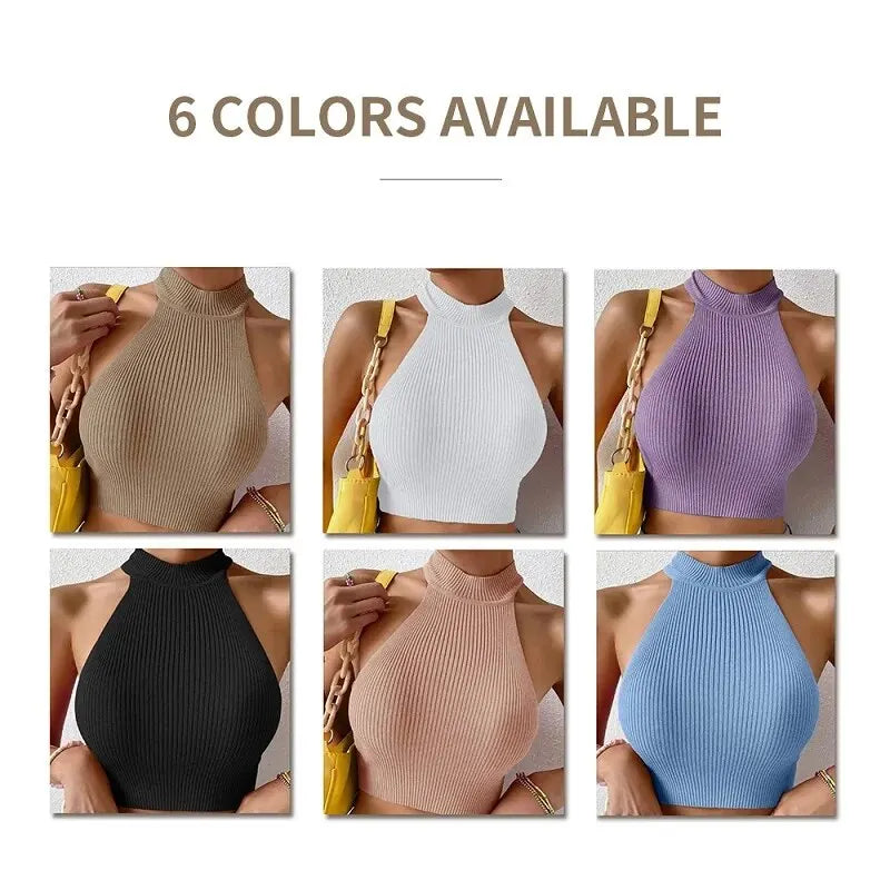 Knit Sleeveless Halter Tops for Women Basics Solid Slim Fitted Crop Womens Turtleneck Ribbed Vest Y2K High Neck Tank Tops  Amaijoin