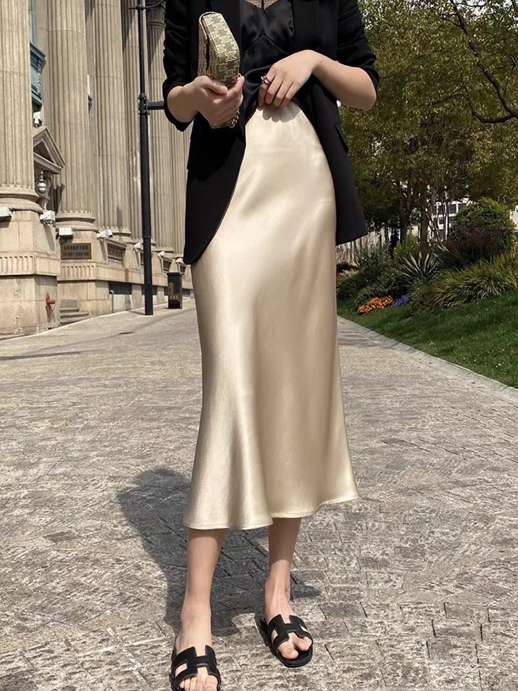 Silk Satin Skirts for Women Korean Style Champagne Office High Waist A-line Skirt Fashion Elegant Solid Long Pencil Skirt 2024  Amaijoin