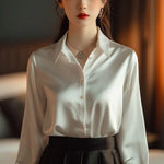 Carregue a imagem no visualizador da Galeria, Summer Autumn Silk Satin Shirts Women 2024 Vintage Blouse Long Sleeve Button Down Shirt Office Lady Tee Top Ladies Casual Shirt  Amaijoin
