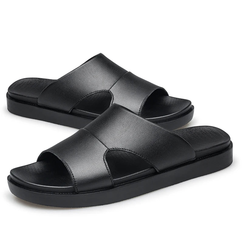 High-quality New Summer Men Black Thick Bottom Sandals Genuine Leather Quality Beach Slippers Casual Shoes Outdoor Beach Shoes  Amaijoin