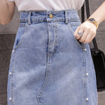 Carregue a imagem no visualizador da Galeria, Irregular Jean Skirts Women High Waist Ripped Beaded Denim Skirt Female 2024 New Straight Midi Skirts Zipper Fly Pocket Saias  Amaijoin
