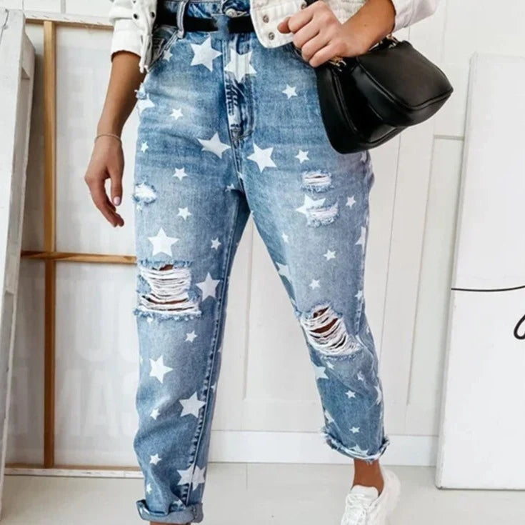 2023 Autumn Boyfriend Jeans Woman Slim Hole Jeans For Ladies With Five-Pointed Star Ripped Jeans Street Casual Blue Denim Pants  Amaijoin