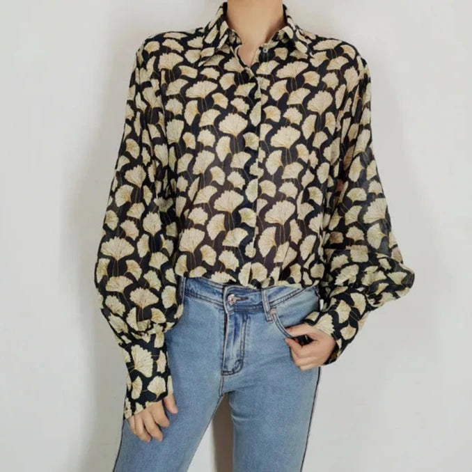 Birdtree 71.2%Cotton 28.8%Real Silk Shirt Women Polo Neck Vintage Balloon Sleeves Versatile Loose Commute Blouse Spring T41130QD  Amaijoin