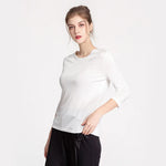 Carregue a imagem no visualizador da Galeria, Birdtree Mulberry Silk Knitted Solid T-shirts Designed Slash Neck Loose Women&#39;s Casual Basics Tees Fall Winter New Tops T39355QM  Amaijoin
