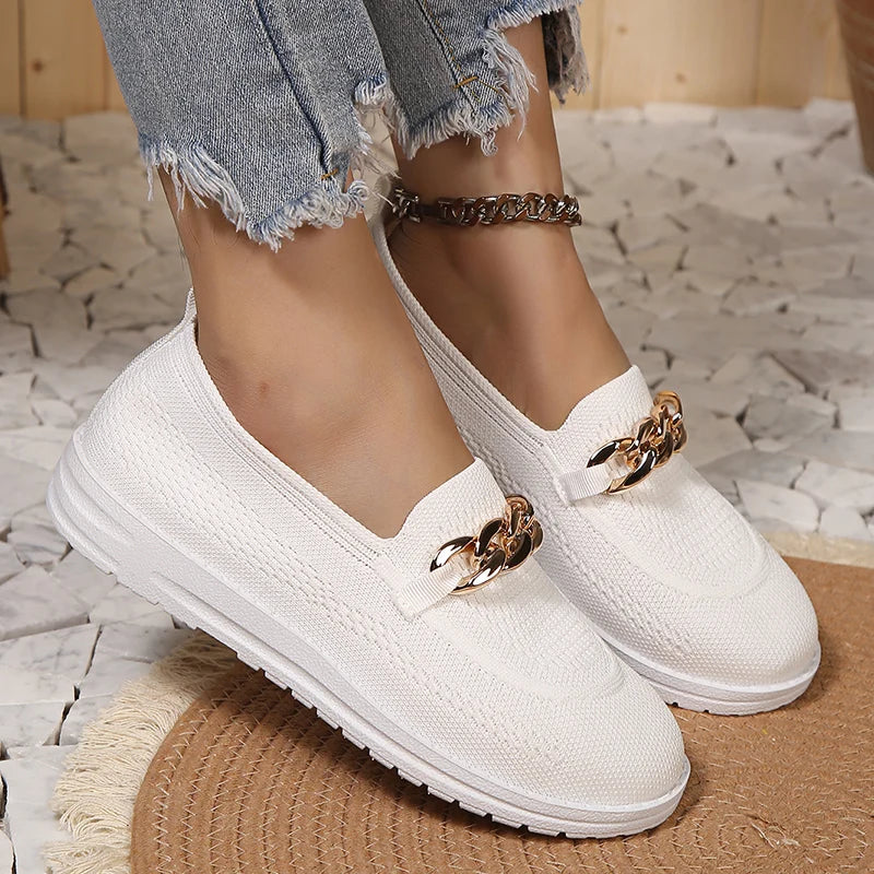 Metal Chain Decor Flats Shoes Women Plus Size 43 Mesh Breathable Shallow Loafers Woman 2023 Autumn Non-Slip Casual Shoes Ladies  Amaijoin