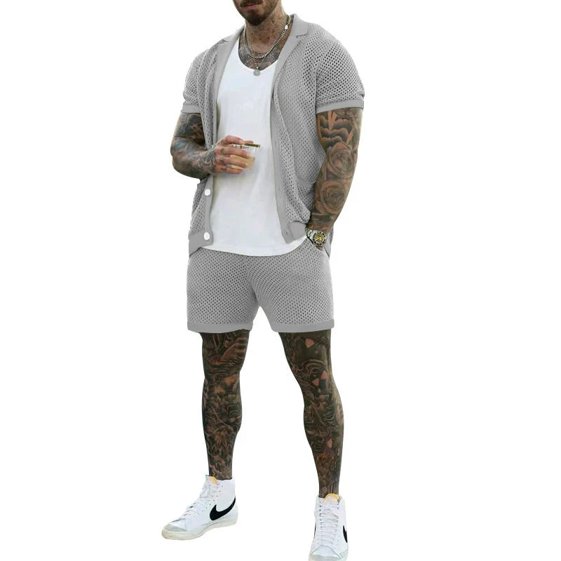 Sexy See Through Hollow Out Mesh Knit Two Piece Suits Men Summer Fashion Short Sleeve Shirts And Shorts Sets Mens Outfits Beach  Amaijoin