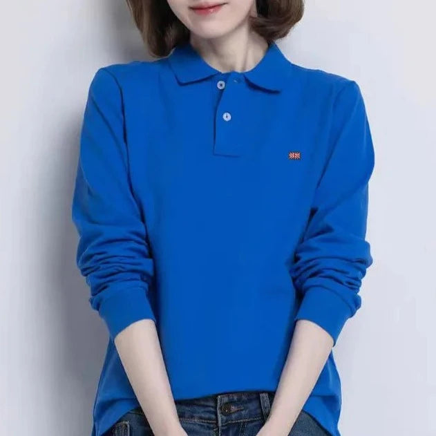 Women's  100% Cotton Long Sleeve Polo Shirts Femmes Lapel T Shirts Collar All-Season New T-shirt Workout Tops  Polo shirt  Amaijoin