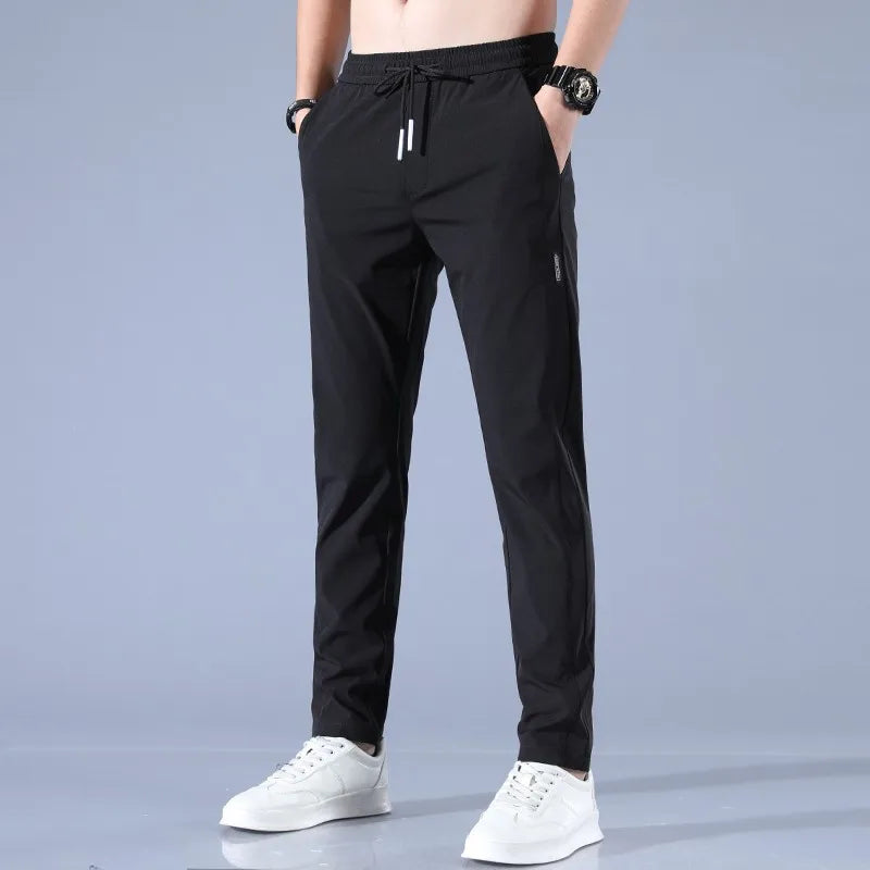 2024 new Men's Ice Silk Trousers Solid Color Mid-Waist Loose Breathable Straight-Leg Casual Pants Thin Quick-Drying Sports Pants  Amaijoin