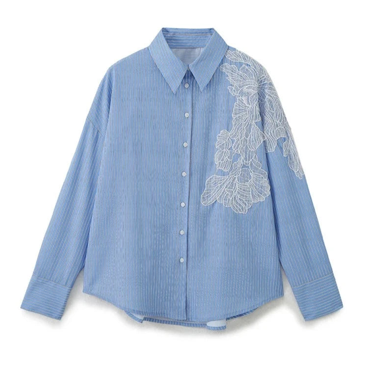 New Women Embroidered Flower Striped Shirt Long Sleeve Lapel Collar Female Streetwear Spring Blouse  Amaijoin