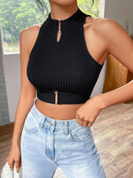 Carregue a imagem no visualizador da Galeria, New  Summer Women Metal Cut Out Keyhole Tank Top Casual Rib-Knit Neck Cropped Shirts Femme Sleeveless Off Shoulders Y2k T-shirts  Amaijoin
