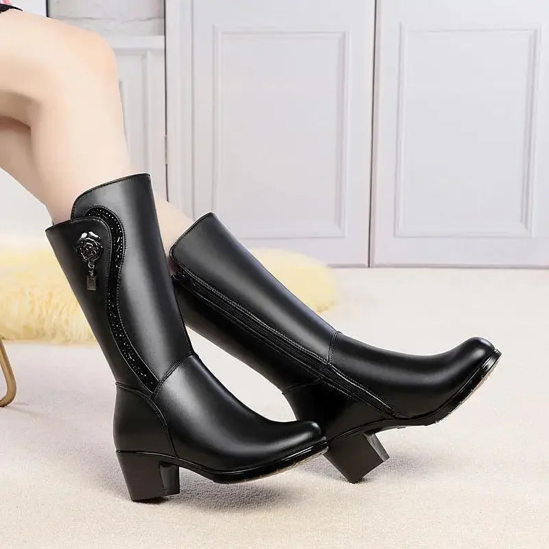 Winter Boots Genuine Leather Female Boots High-heeled Boots Warm Snow Boots Fashion Non-slip Thick-soled Boots Bota Feminina  Amaijoin