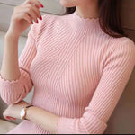 Carregue a imagem no visualizador da Galeria, ITOOLIN Women Long Sleeve Knitted Bottoming Solid Pullovers Stripe Casual Sweater Autumn Winter Women Mock Neck Ruffles Sweater  Amaijoin
