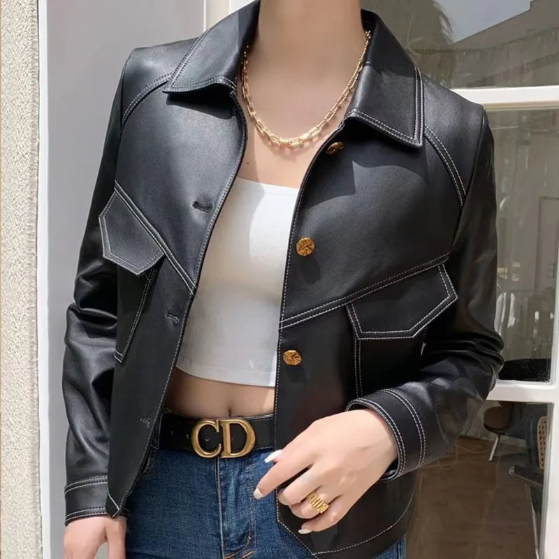 Women's Spring Autumn Fashion Solid Color Square Neck Button Casual Versatile Long Sleeved Slim Fit Short Denim Leather Jacket  Amaijoin