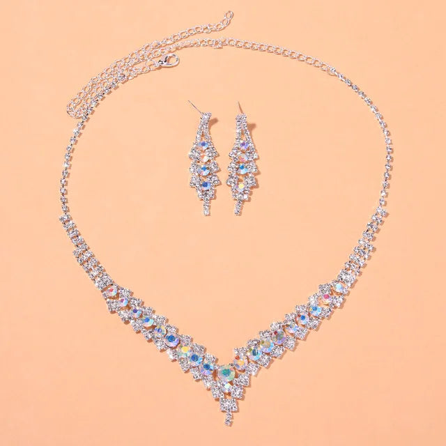 StoneFans Wedding Lozenge Step Style Rhinestone Necklace Earrings Set For Women Jewelry Choker Tassel Earring Bridal Gift Party  Amaijoin