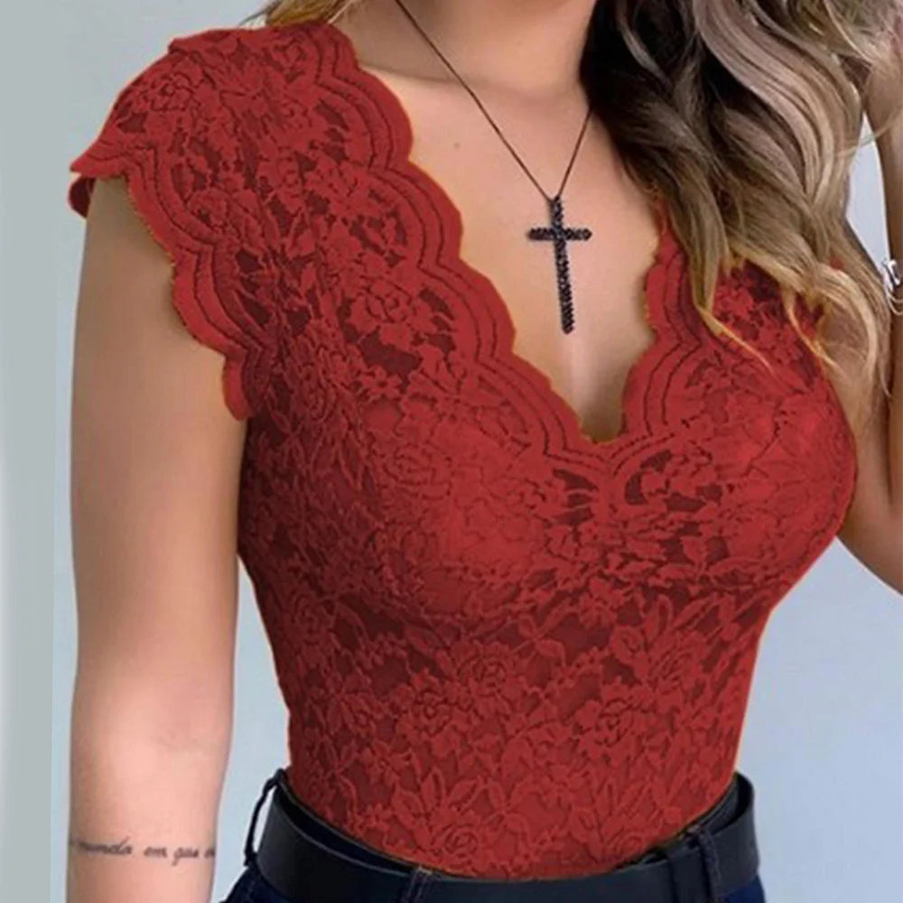 Womens V Neck Sexy Lace Casual Vest Tank Tops Ladies Slim Fit Sleeveless Stretch Shirt High Quality Clothing 2023  Amaijoin