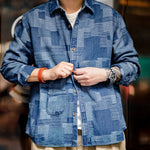 Carregue a imagem no visualizador da Galeria, Maden American Retro Boro Baijia Cloth Denim Shirt Jacquard Splicing Niche Long-sleeved Shirt men&#39;s Spring And Autumn Jacket  Amaijoin
