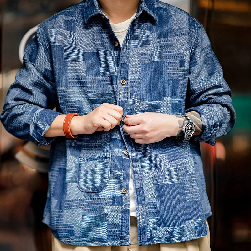 Maden American Retro Boro Baijia Cloth Denim Shirt Jacquard Splicing Niche Long-sleeved Shirt men's Spring And Autumn Jacket  Amaijoin