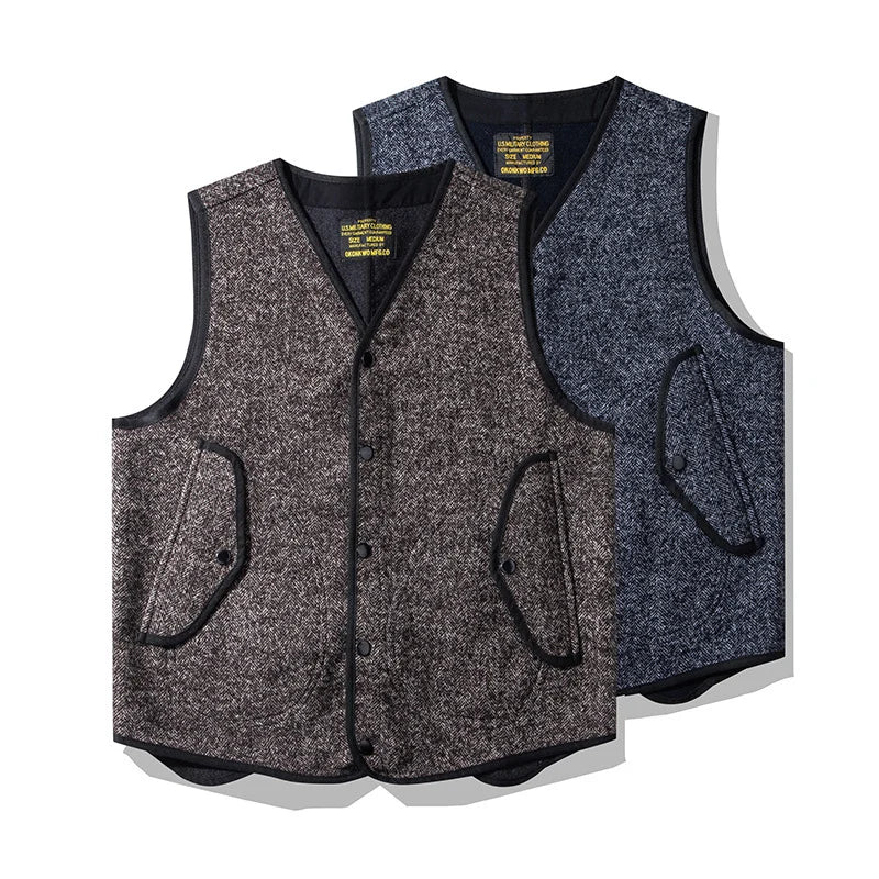 Winter Fashion Men's High Quality Woollen Vest British Style Pockets Patchwork Sleeveless V-neck Fleece Warm Waistcoat Tops Male  Amaijoin