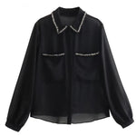 Carregue a imagem no visualizador da Galeria, TRAF 2023 Textured Black Shirt Women Semi Sheer Chiffon Blouse Female Button Up Elegant Chic Woman Shirt Autumn Long Sleeve Top  Amaijoin
