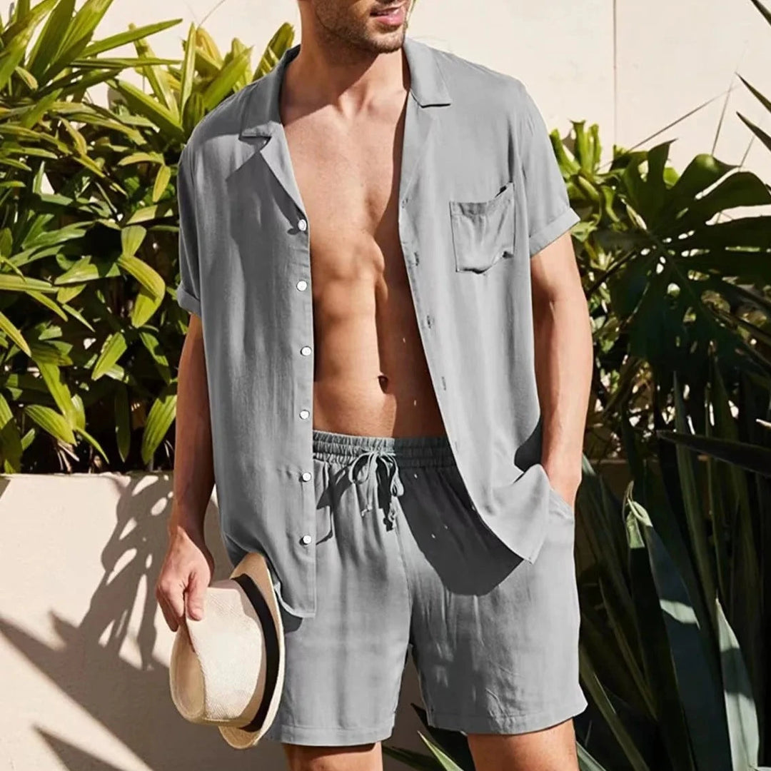 Fashion Men's Short Sleeve Shirt Set Woven Quick Dry Summer Loose Casual Cool Cardigan Shirt Shorts Lazy Exercise  Amaijoin